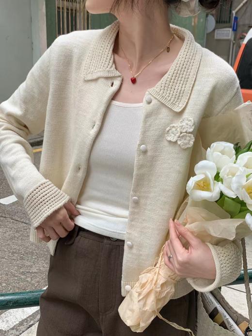 浮生八记/26A009/镂空翻领手工花朵钩花针织开衫外套 商品图0