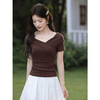 鹿向南「莱赛尔」气质咖色T恤女夏新款小资独特修身显瘦短袖上衣 商品缩略图3