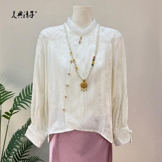 新中式提花斜襟立领长袖单排扣衬衫 商品图0