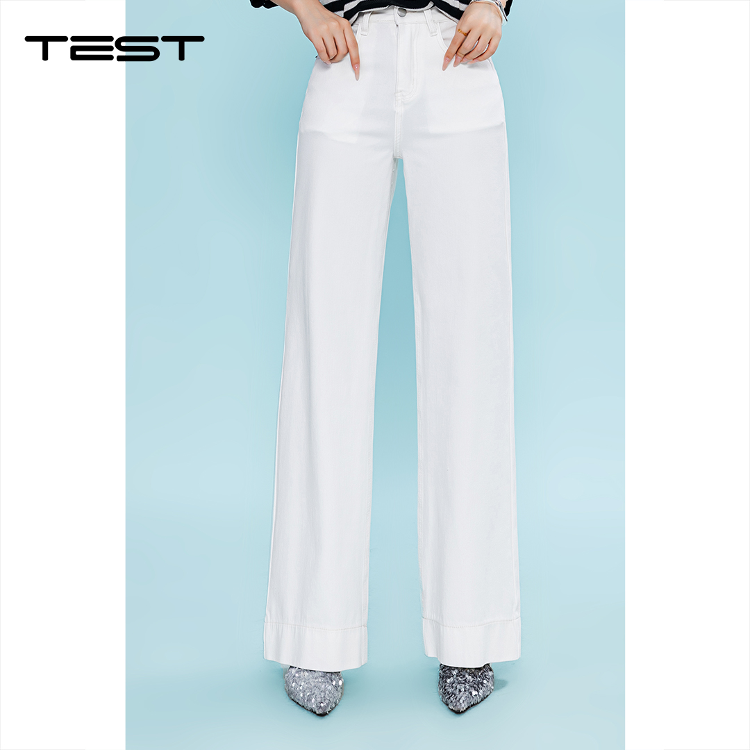 夏上新白色设计感垂感直筒高腰牛仔裤3262015
