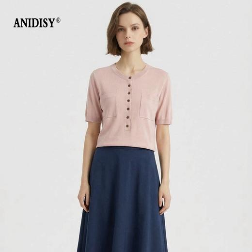 时尚圆领短袖半开胸单排扣修身针织上衣 商品图2