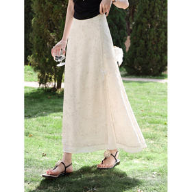 鹿向南「蝶落白纱」新中式杏色印花半身裙女夏季新款气质A字长裙