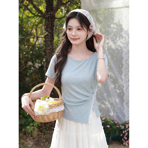 鹿向南「海边情书」设计感蓝色掐腰短袖T恤女夏新款显瘦气质上衣 商品图4