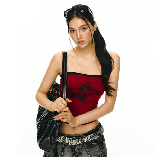 Ariseism 美式复古黑色五角星印花抹胸女夏季新款外穿上衣 商品图0