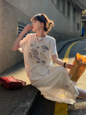 浮生八记/26A028/26A033/“莫奈的早餐”法式复古莫代尔棉彩色手绘刺绣短袖t恤