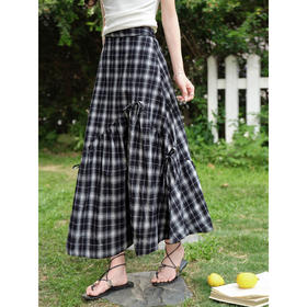 鹿向南「星落左岸」复古黑色格纹半身裙女夏新款显瘦学院风中长裙