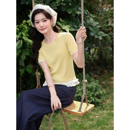 鹿向南「橘黄温软」温柔黄色短袖T恤女夏设计感修身花边针织上衣 商品图4