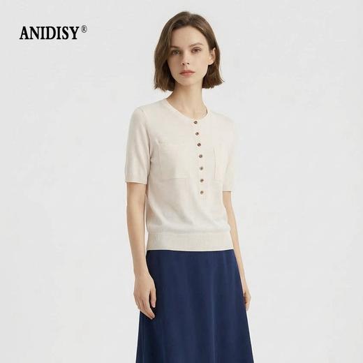 时尚圆领短袖半开胸单排扣修身针织上衣 商品图0