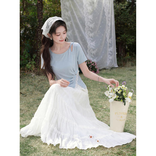 鹿向南「海边情书」设计感蓝色掐腰短袖T恤女夏新款显瘦气质上衣 商品图2