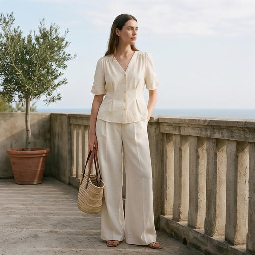 PALUOPO/PL暗纹提花V领灯笼短袖真丝上衣重磅桑蚕丝女式T恤ES23559Z-A 商品图8