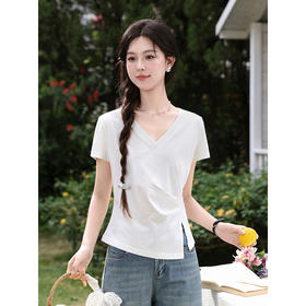 鹿向南「云白轻叙」白色V领短袖T恤夏新款修身显瘦百搭气质上衣女