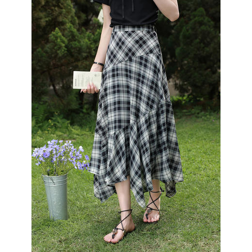 鹿向南「星朵柠野」复古格纹半身裙女夏新款不规则高腰显瘦中长裙 商品图0