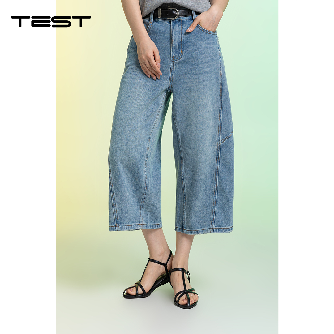 夏上新高腰阔腿宽松显瘦做旧水洗牛仔八分裤3262023