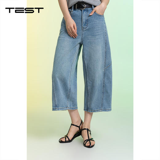 夏上新高腰阔腿宽松显瘦做旧水洗牛仔八分裤3262023 商品图0