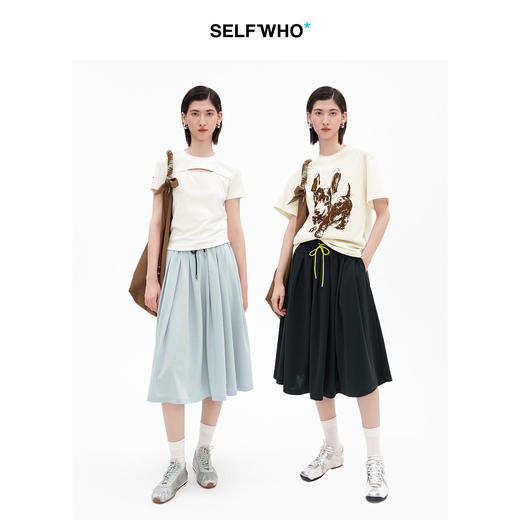 SELFWHO天丝醋酸混纺撞色抽绳a字半身裙女2026夏新款松紧腰百褶裙 商品图1