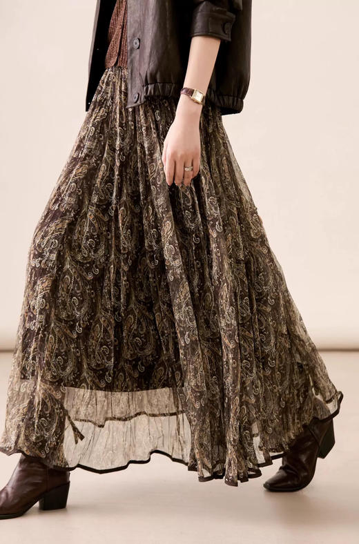 直发 巴塞光影"流浪"伞裙~度假风复古印花压褶大摆半身裙【VQJ26033419】 商品图1