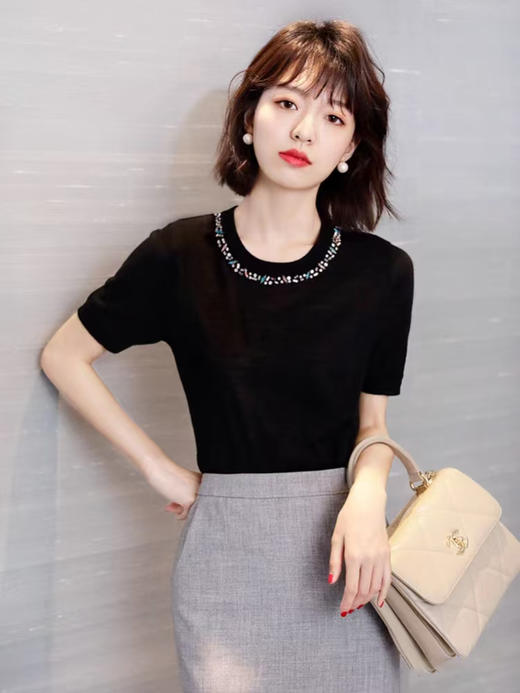 直发 阿玛施同款，重工手工钉珠镶钻莱赛尔天丝针织短袖【JS3699378 】 商品图1