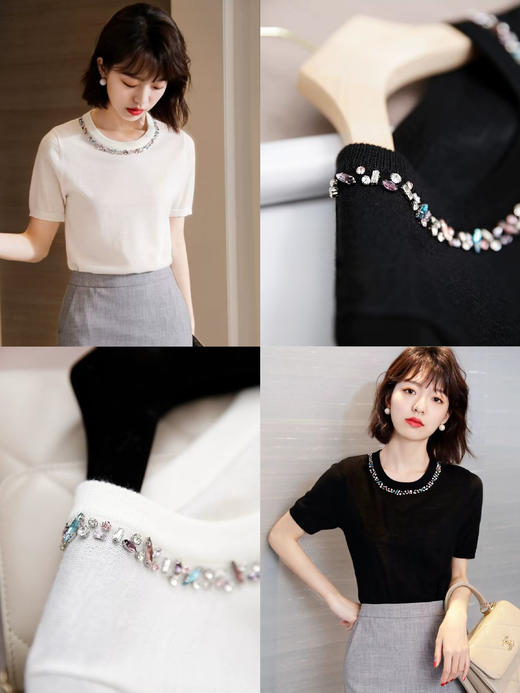 直发 阿玛施同款，重工手工钉珠镶钻莱赛尔天丝针织短袖【JS3699378 】 商品图0