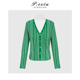 PanYiXiu/潘依绣人丝撞色竖条纹显瘦百搭舒适软糯V领长袖针织开衫 ZZ1162