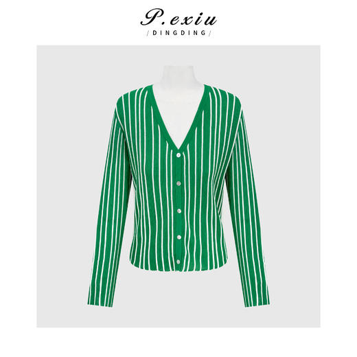 PanYiXiu/潘依绣人丝撞色竖条纹显瘦百搭舒适软糯V领长袖针织开衫 ZZ1162 商品图0