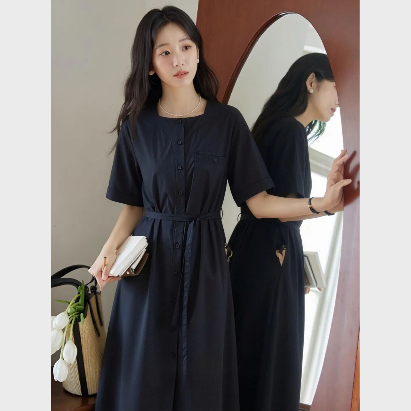 【特妮娜 时光从容藏蓝气质裙】收腰显瘦 遮肉藏肉 梨形身材友好 开叉设计修饰腿型  轻奢质感 通勤百搭 不易皱 透气不闷汗