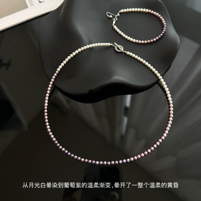 纯天然色紫色四季彩渐变 用心做的小精致 天然的渐变串法是与身俱来的精致和高级 3-4mm小珍珠 基本完美无瑕 高段位珍珠项链