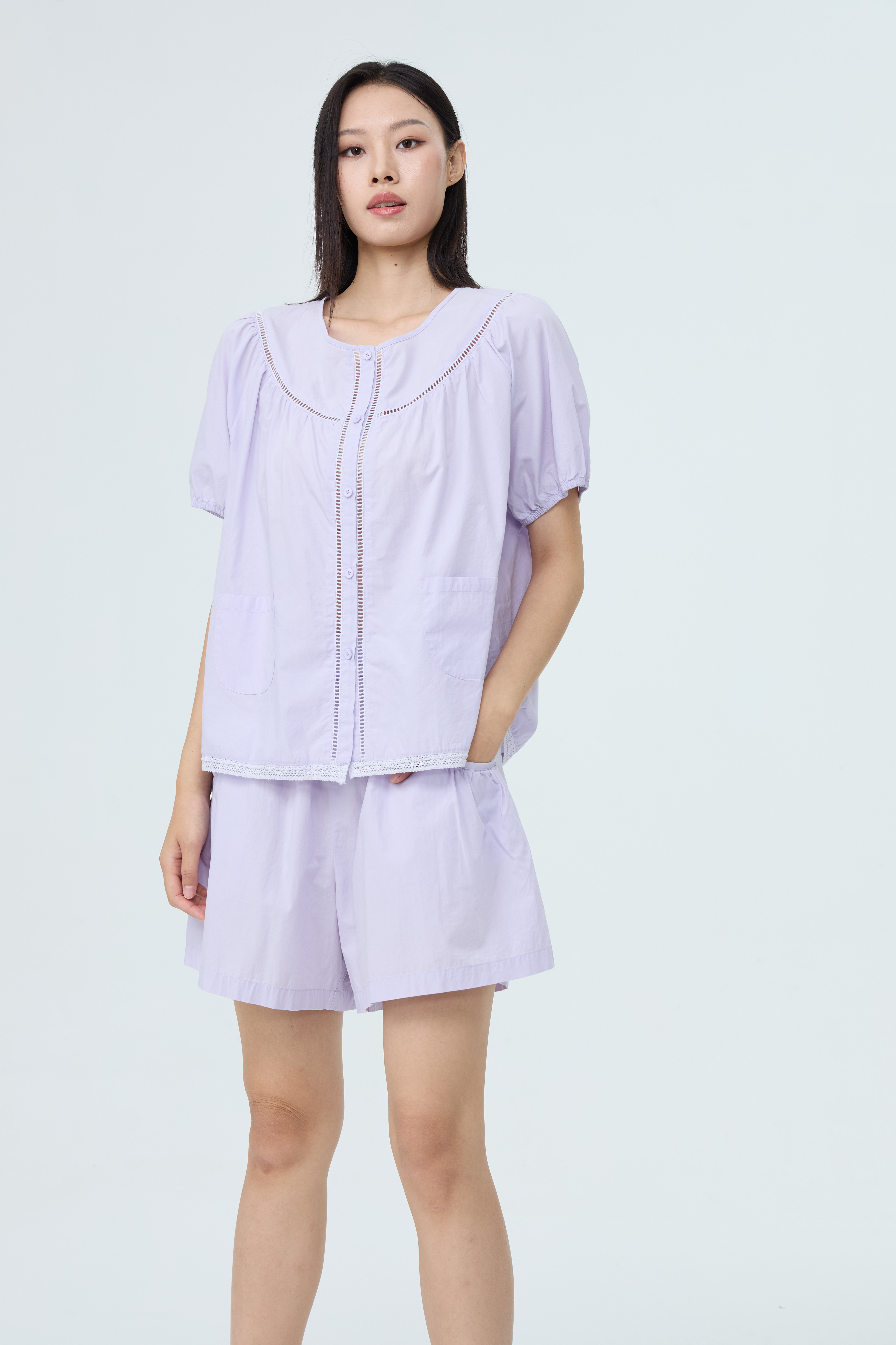 水淼2026夏新款花边纯棉减龄小衫口袋短袖2450