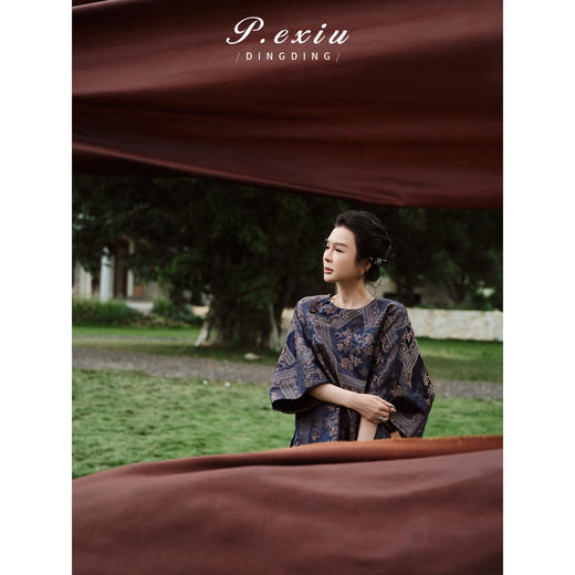 PanYiXiu/潘依绣100%桑蚕丝蜀锦复古印花松紧腰宽松休闲阔腿裤 YL03655 商品图3