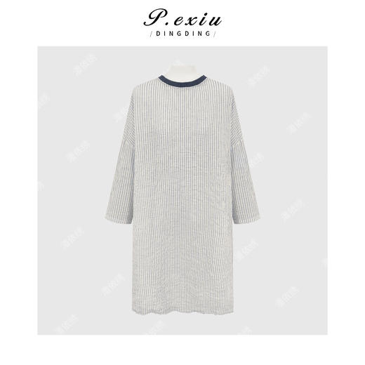 PanYiXiu/潘依绣100%棉竖条纹褶皱肌理感撞色圆领长袖连衣裙 W-63940 商品图0