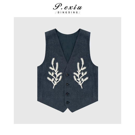 PanYiXiu/潘依绣天丝苎麻老钱风松弛感百搭显瘦重工刺绣V领马夹 Q62185 商品图0