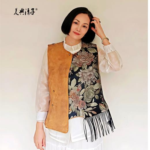 新中式撞色牡丹提花流苏圆领单排扣马甲 商品图0