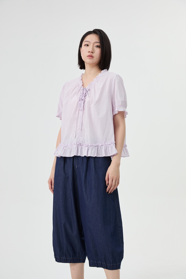 水淼2026夏新款荷叶边儿纯棉减龄休闲短袖2683