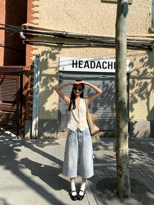 天猫同步【时髦率性中裤】拉夏贝尔/La Chapelle高腰侧边立体口袋牛仔裤复古水洗蓝通勤休闲 商品图5