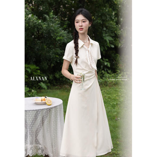 鹿向南「雅致通勤」法式气质白杏色短袖衬衫连衣裙女夏季polo长裙 商品图4