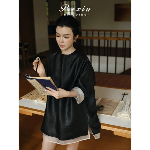 PanYiXiu/潘依绣100%桑蚕丝假两件双层拼接气质宽松显瘦圆领上衣 W-63757 商品图2