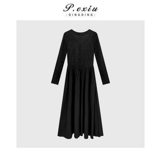PanYiXiu/潘依绣气质优雅烫钻拼接显瘦V领长袖连衣裙 W-63977 商品图1