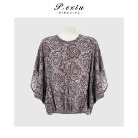 PanYiXiu/潘依绣100%桑蚕丝双绉新中式复古印花高级感圆领短袖上衣 JM5293