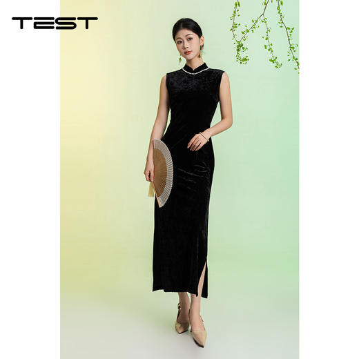 夏上新黑色丝绒无袖显瘦长款气质国风旗袍4262011 商品图1
