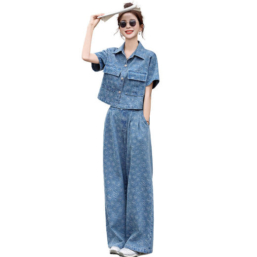 牛仔休闲套装夏季新款高级感小个子减龄阔腿裤时尚两件套GJC2628 商品图4