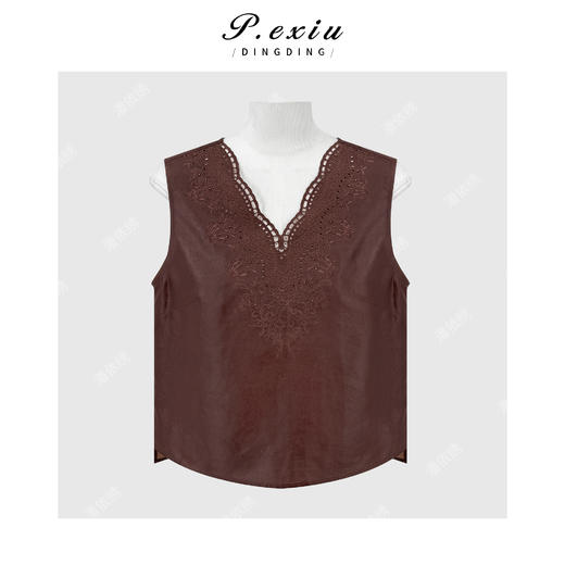 PanYiXiu/潘依绣 100%桑蚕丝香云纱素绉缎勾花刺绣V领背心 AB20107 商品图1
