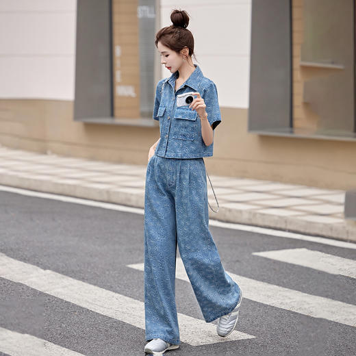 牛仔休闲套装夏季新款高级感小个子减龄阔腿裤时尚两件套GJC2628 商品图2