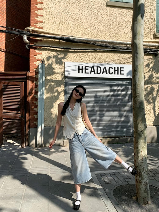 天猫同步【时髦率性中裤】拉夏贝尔/La Chapelle高腰侧边立体口袋牛仔裤复古水洗蓝通勤休闲 商品图3