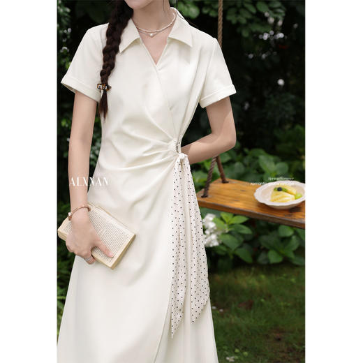 鹿向南「雅致通勤」法式气质白杏色短袖衬衫连衣裙女夏季polo长裙 商品图2