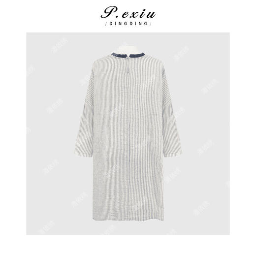 PanYiXiu/潘依绣100%棉竖条纹褶皱肌理感撞色圆领长袖连衣裙 W-63940 商品图1