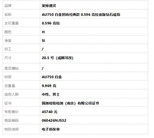 莱绅通灵AU750白金时尚经典款0.596克拉宽版钻石戒指20.5号（戒圈可改）060426NJS32 商品图10