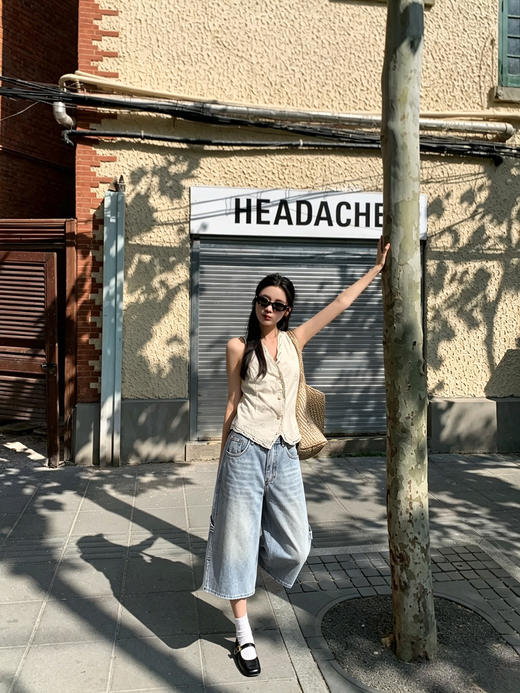 天猫同步【时髦率性中裤】拉夏贝尔/La Chapelle高腰侧边立体口袋牛仔裤复古水洗蓝通勤休闲 商品图4