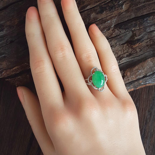 【天然正品】A货翡翠AU750白金镶钻镶天然细腻花朵造型满绿糯种蛋面翡翠戒指13号（戒圈可改）141125AH09 商品图7
