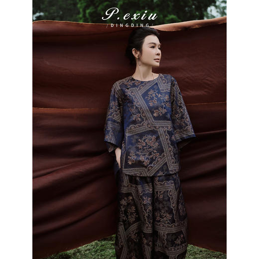 PanYiXiu/潘依绣100%桑蚕丝蜀锦复古印花松紧腰宽松休闲阔腿裤 YL03655 商品图2