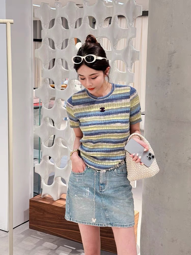 香奶奶春夏彩虹条纹针织短袖