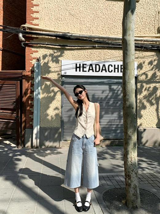 天猫同步【时髦率性中裤】拉夏贝尔/La Chapelle高腰侧边立体口袋牛仔裤复古水洗蓝通勤休闲 商品图2